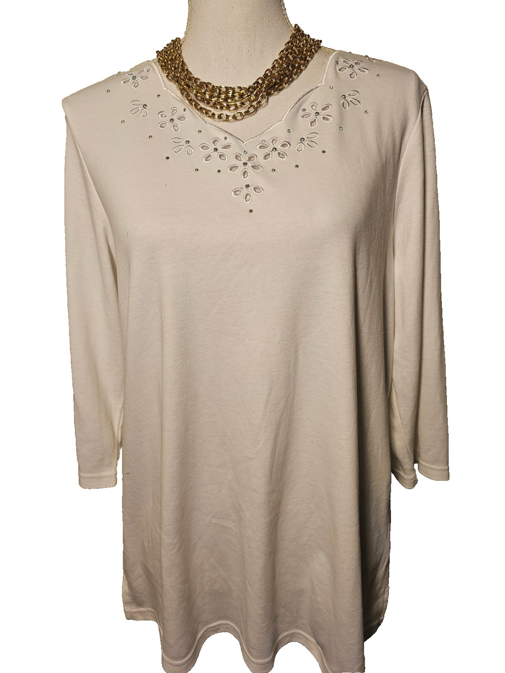Quacker Factory Womens White Medium 3/4 Sleeve Embroidered Rhinestone Shirt Top